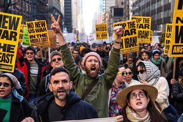 Protesters gather in Times Square as the nation reacts to "major combat operations" in Iran on February 28, 2026 in New York City.
